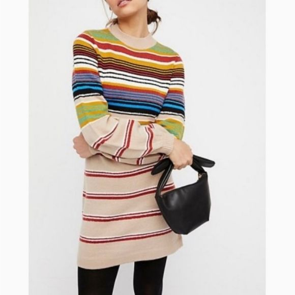Free People BY THE FIRE Wool Blend Tan Striped Long Sleeve Sweater Dress - Picture 6 of 6